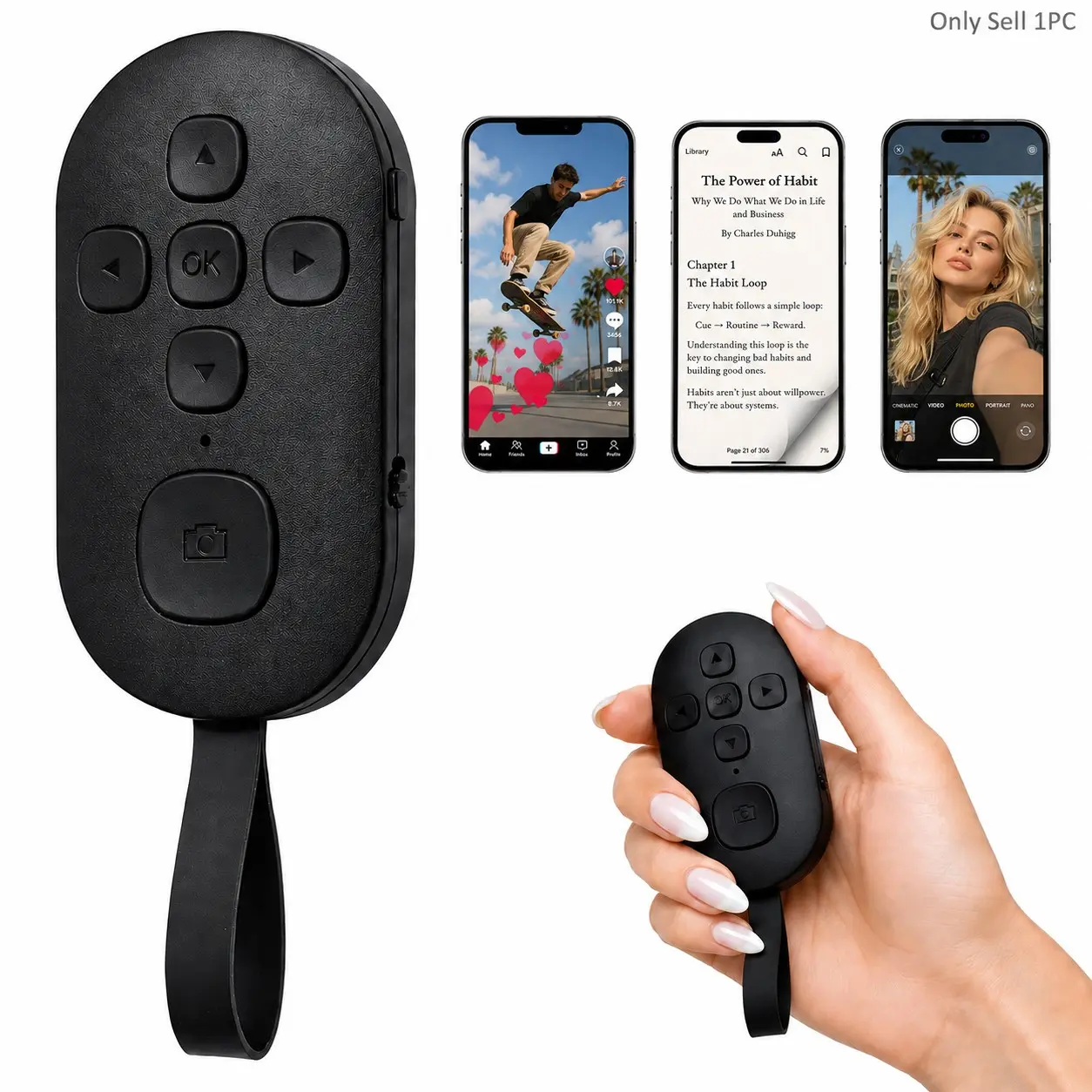 Bluetooth Remote for TikTok Scrolling, Hands‑Free Phone Controller with Page Turner, Volume Control, Play Pause, Like and Camera Shutter for iPhone Android Smartphones