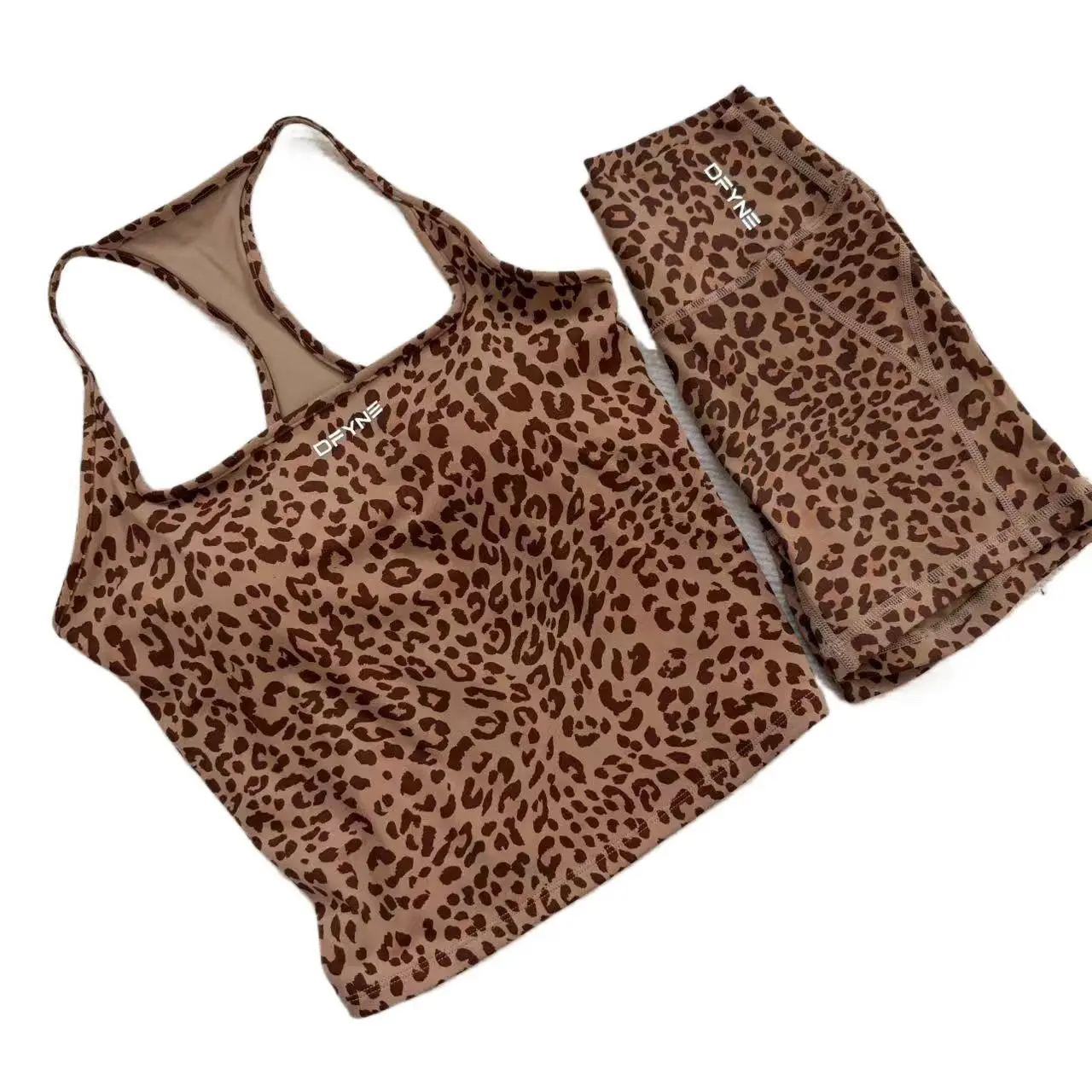 DFYNE Women's 2 Piece Leopard Yoga Set - Nylon Spandex Removable Padded Sports Bra Tank Top & Tummy Control Running Shorts