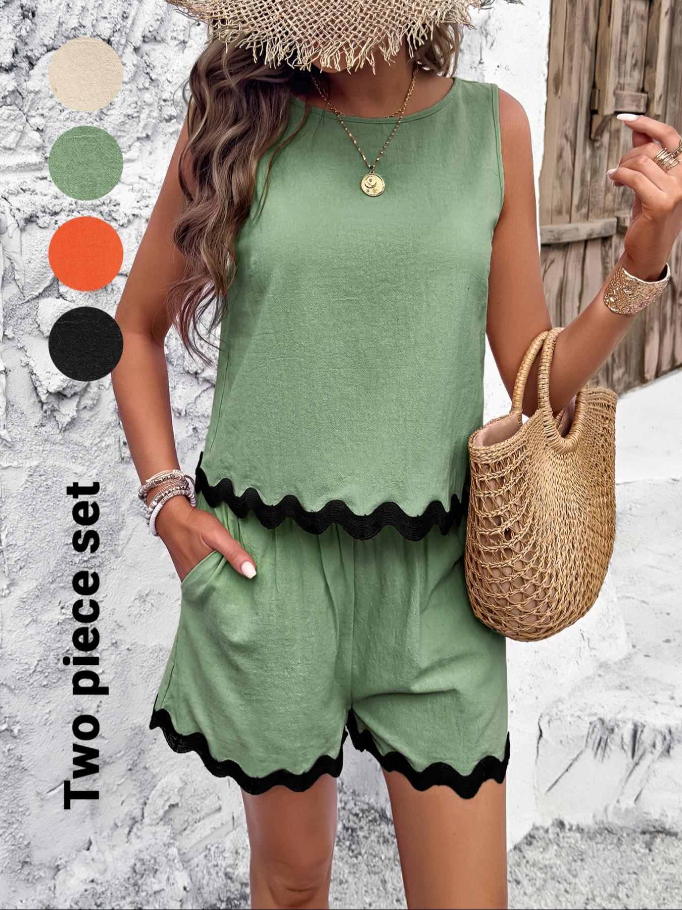 Women's Tank Top & Shorts Two-Piece Set, Casual Sleeveless Fitted Top & Shorts for Summer, Ladies Clothes for Daily Wear