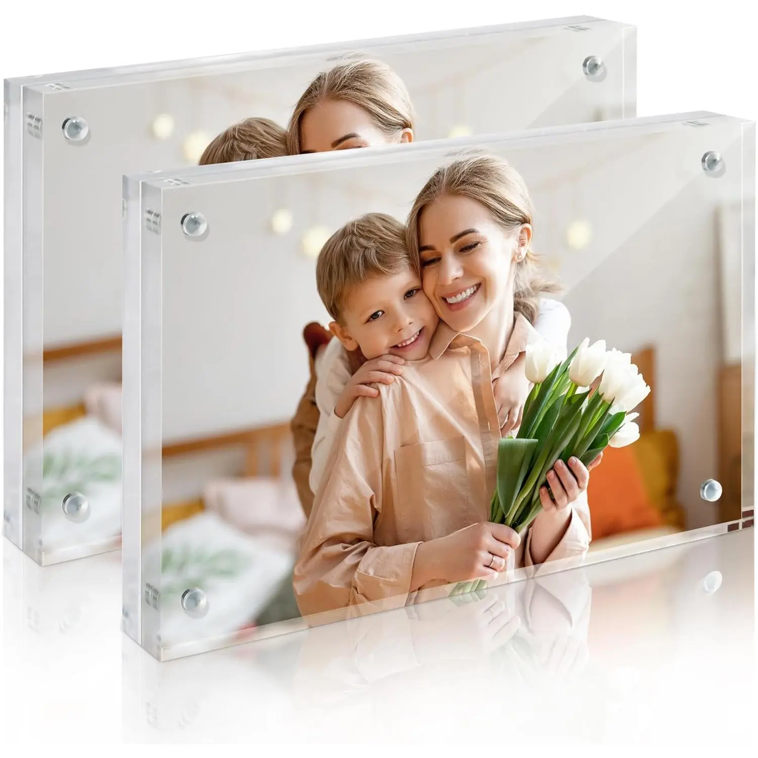 Clear Picture Frames 4"x6" LifetimeWarranty, Acrylic 20% Thicker Double Sided Magnetic, Freestanding Lucite Frames for Desk, Horizontal Vertical Display, Frameless Transparent Photo Frame, Wedding Gift Office Decor Shelf, 2 Pack