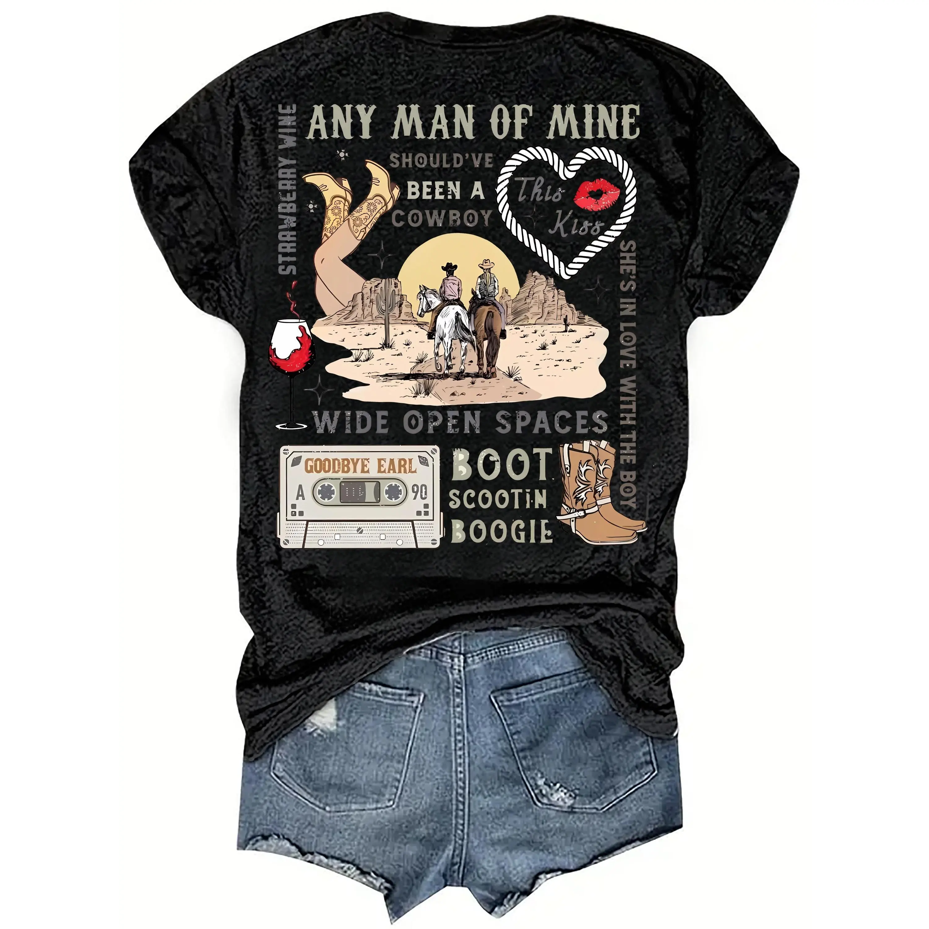 Women's 90s Western Music Geometric Short-Sleeve Loose Round Neck Streetwear T-Shirt, Casual Vacation Ladies' Top
