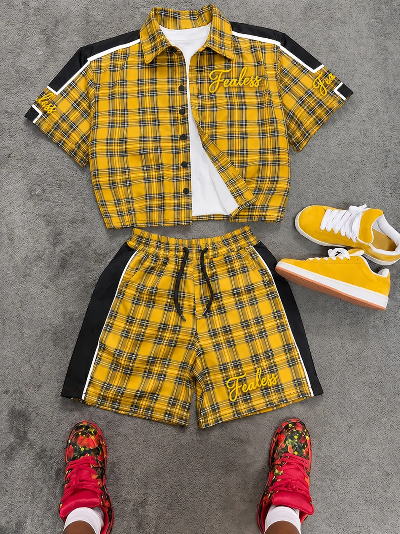 Men's Fearless Plaid Set, Outfit, Short Sleeve Shirt + Drawstring Shorts, Casual Street Style, Streetwear, Breathable, Summer Wear, Wrinkle-Resistant
