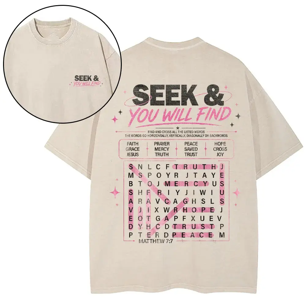 Seek You Will Find Christian Unisex Washed Vintage Bible Verse Print Oversized T-Shirt |   Y2K Religious Faith High Street American Retro Streetwear Top