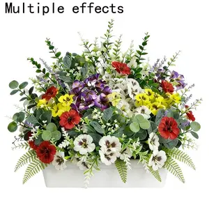 30 beautiful spring three-color flower and lavender flower arrangement bouquets, UV-resistant combined flowers, romantic purple-themed outdoor artificial flower bouquets, lavender, three-color flowers, Persian fern, eucalyptus branches - high-end plant de