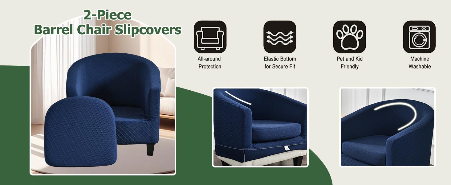 NILUOH Barrel Chair Cover 2 Piece, Stretch Jacquard Club Chair Slipcover, Elastic Armchair Cover for Curved & Round Chairs,Soft Washable Furniture Protector, Navy