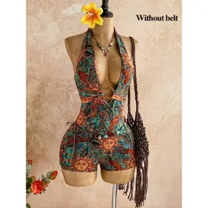 Women'S Textured Halter Deep V-Neck Backless Jumpsuit with Round Metal Ring Embellishments, Elegant And Suitable for Halloween, Christmas, Holiday Travel And Other Scenarios, Retro Sexy Style Jumpsuit, Also Suitable for Carnivals, Music Festivals