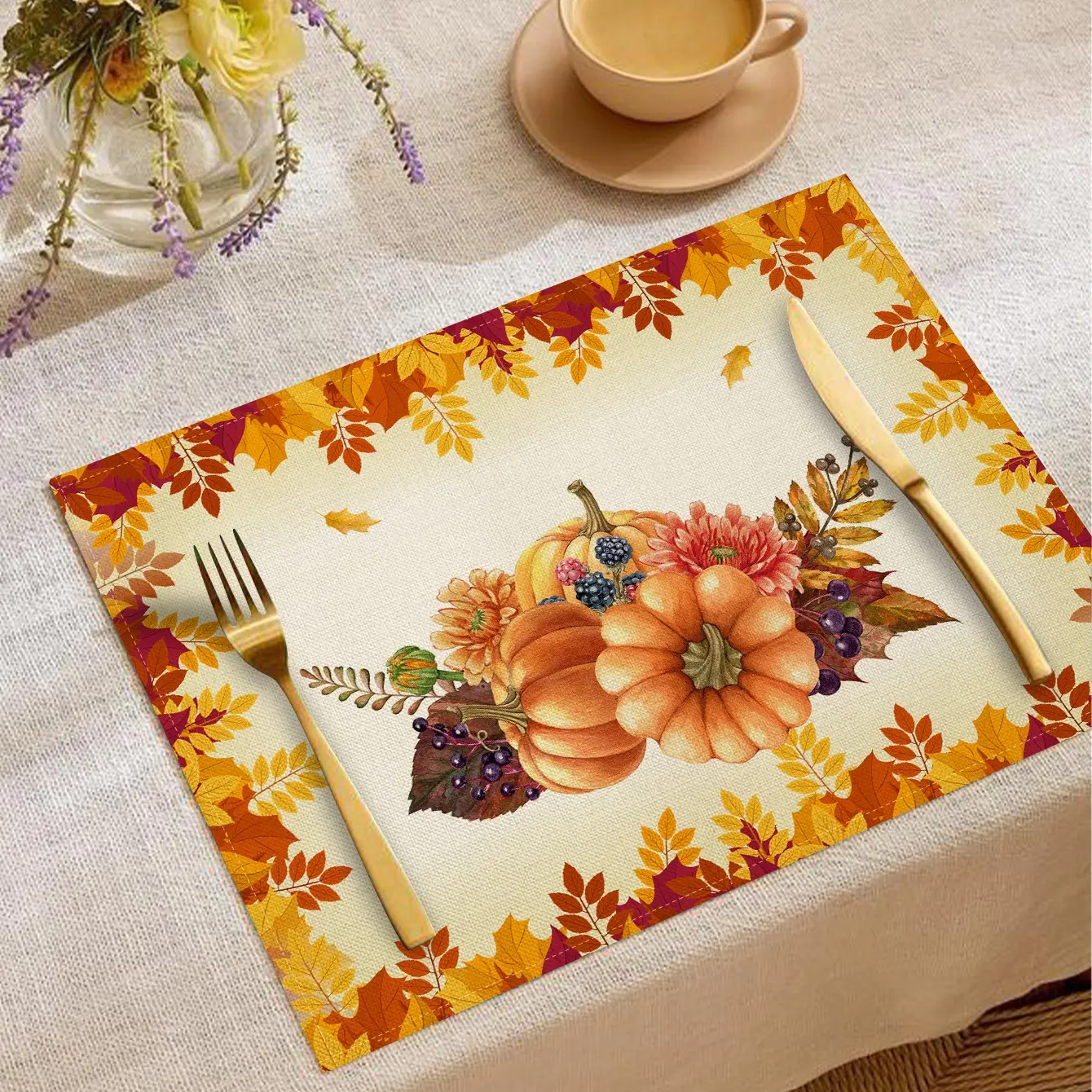 Autumn Harvest Pumpkin Maple Leaf Table Placemats, Heat Resistant, Minimalist Style, Perfect for Festive Dinners and Daily Use