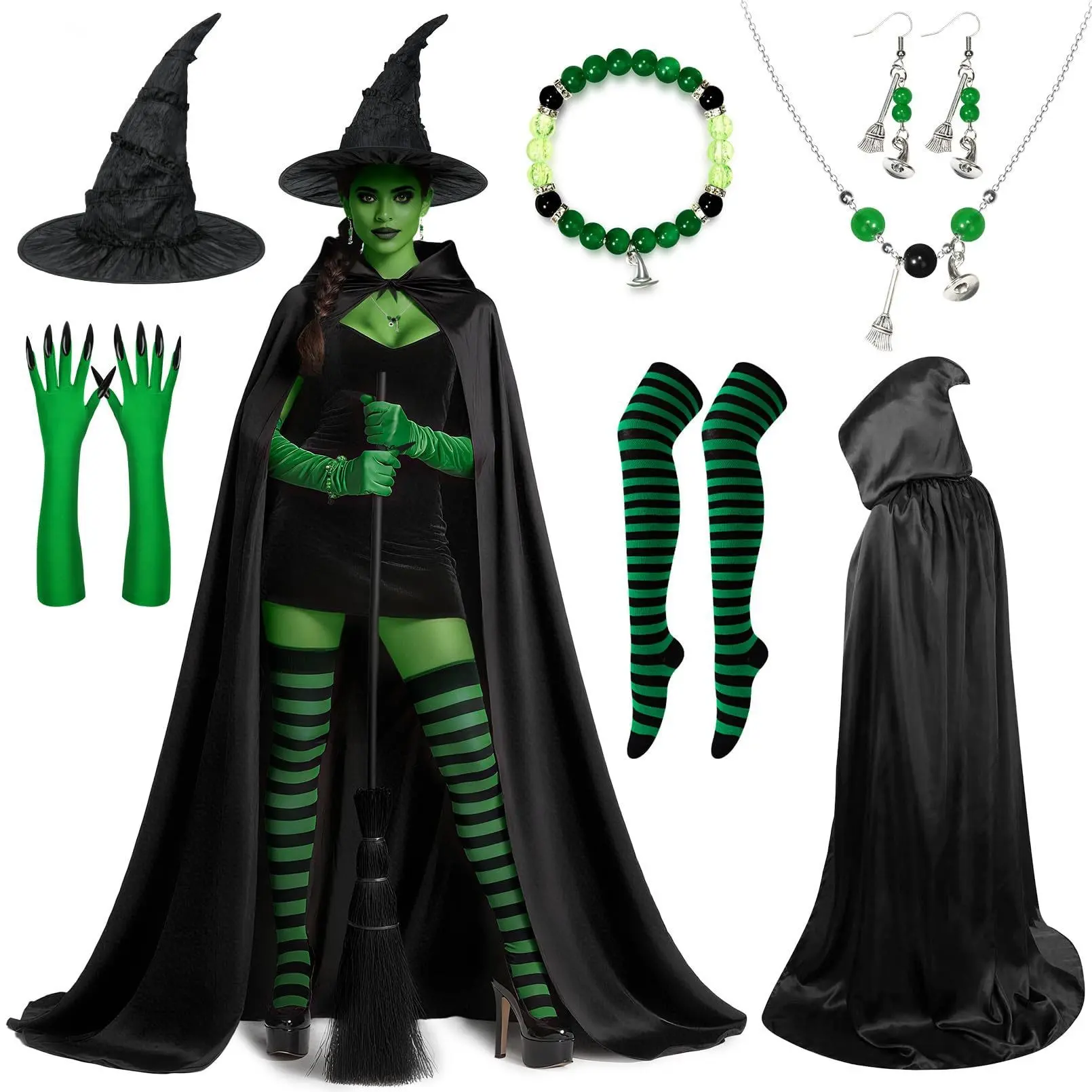 Halloween Witch Cosplay Costume Accessories Long Hooded Cloak Witch Hat Green Claw Gloves Full Set, Soft Fabric Witch Dress Up Kit for Adults, Carnival Haunted House Bar Trick Or Treat Masquerade Party Outfit Prop for Gothic Horror Themed Shoot Holiday At