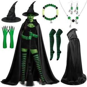 Halloween Witch Cosplay Costume Accessories Long Hooded Cloak Witch Hat Green Claw Gloves Full Set, Soft Fabric Witch Dress Up Kit for Adults, Carnival Haunted House Bar Trick Or Treat Masquerade Party Outfit Prop for Gothic Horror Themed Shoot Holiday At