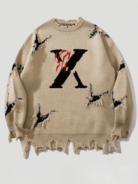 Men's Pattern Sweaters Retro Gothic Long Sleeve Crew neck Pullover knitted Top, Knitwear Tops, Grunge Skull Dollars Design, Aesthetic Gesture Warm Loose Fit Comfortable Jumper,Daily life,Hip-hop, Street wear, Going Out, Halloween Fall Winter Clothes