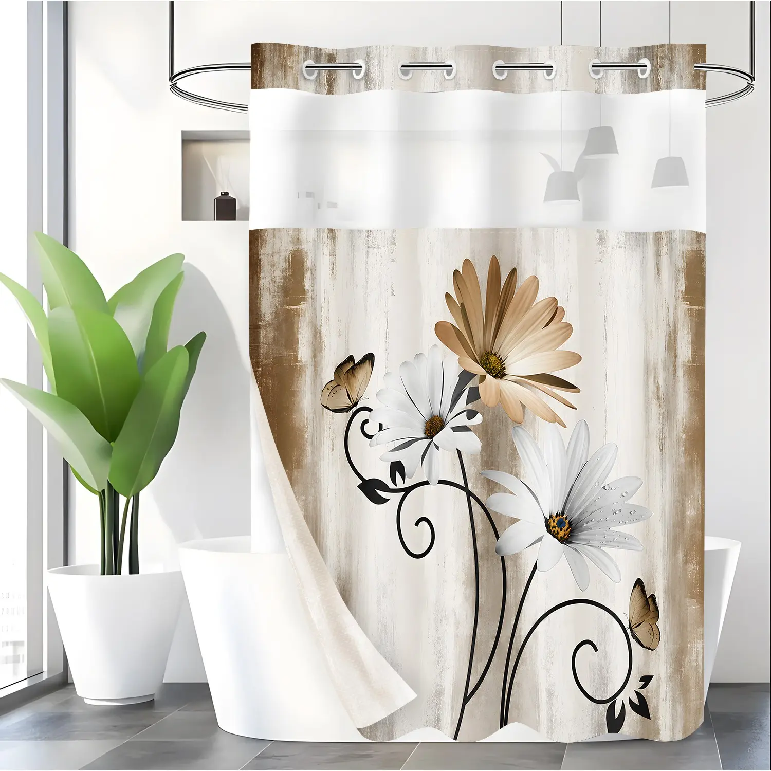 LVRLVR 1pc Vintage Daisy Butterfly Printed Shower Curtain, Farmhouse Print, Sheer Top Window, Detachable Liner & No Hook C-Ring, 70.8" x 74", Floral Shower Curtains for Bathroom