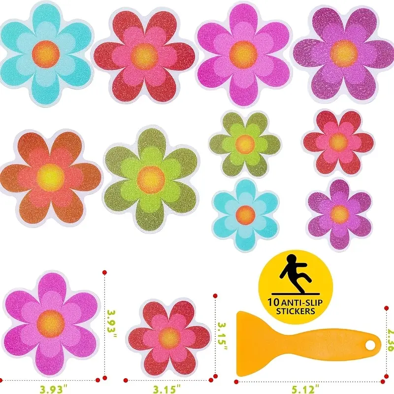 10pcs colorful flower bathtub stickers, with 1 spatula included. Self-adhesive bathtub, bathroom stair friction tape, colorful stickers, flower bathtub shower decorative stickers | Self-adhesive, mixed colors, reusable, includes free scraper
