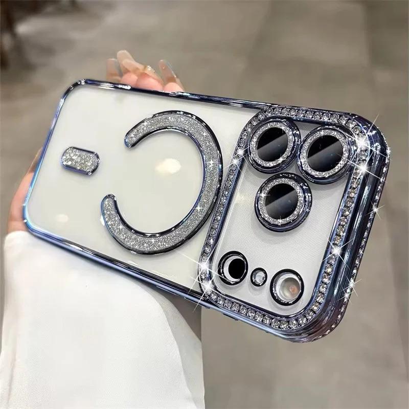 High-grade Glitter Rhinestones Phone Case For iPhone 17 16 15 11 12 13 14 Pro Max Plus Magsafe Magnetic Clear Lens Protect Cover