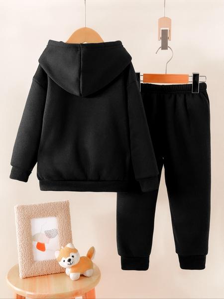 Boys' Fall & Winter Fleece Set, Dinosaur Cartoon Print Hoodie & Jogger Pants Two-Piece, Casual Warm Kids Clothing Gift Idea