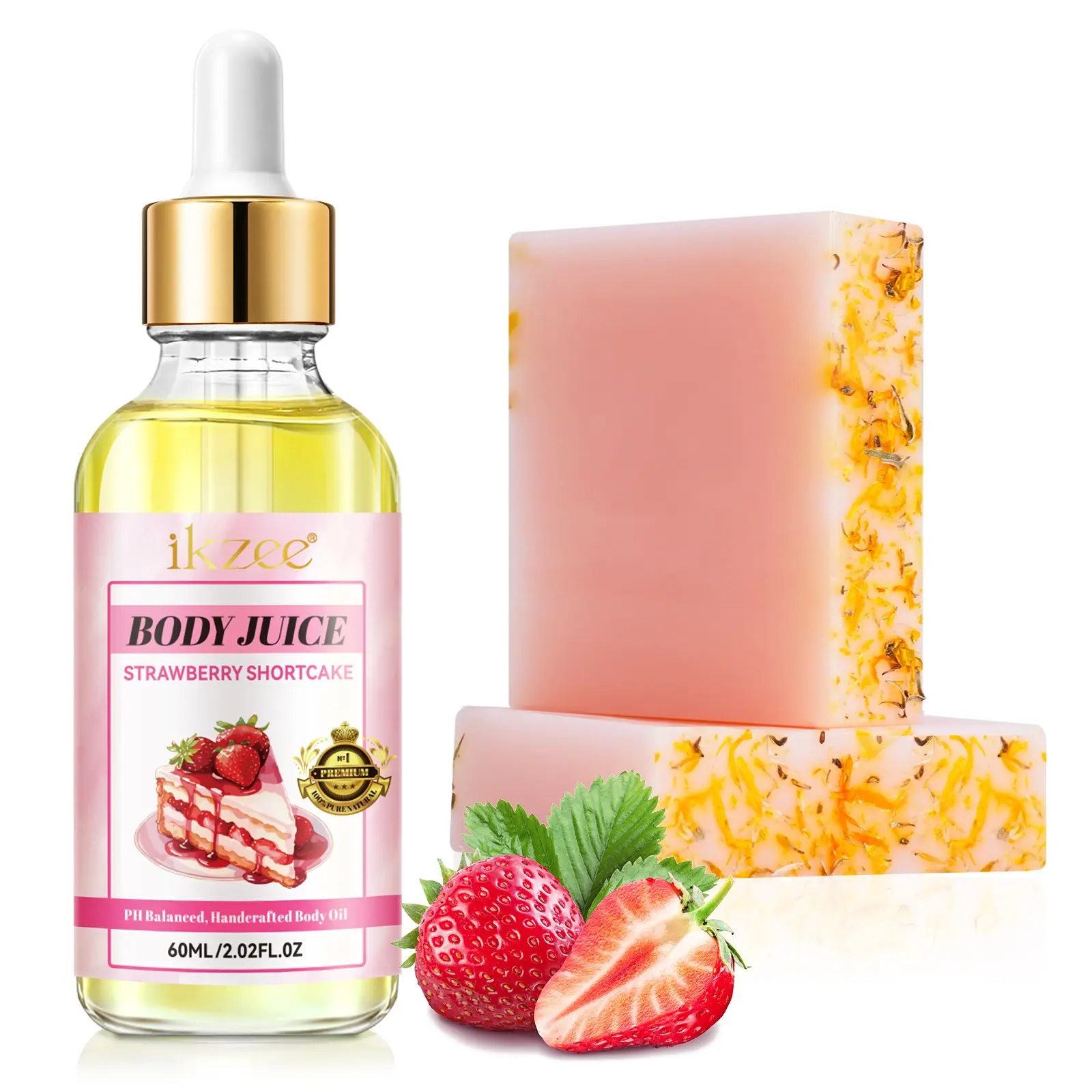 Buy One Get Two Free, Ikzee Body Juice Moisturizing Oil 60ML + Strawberry Soap 100g X 2, Fresh Fruit Scented Body Care Set