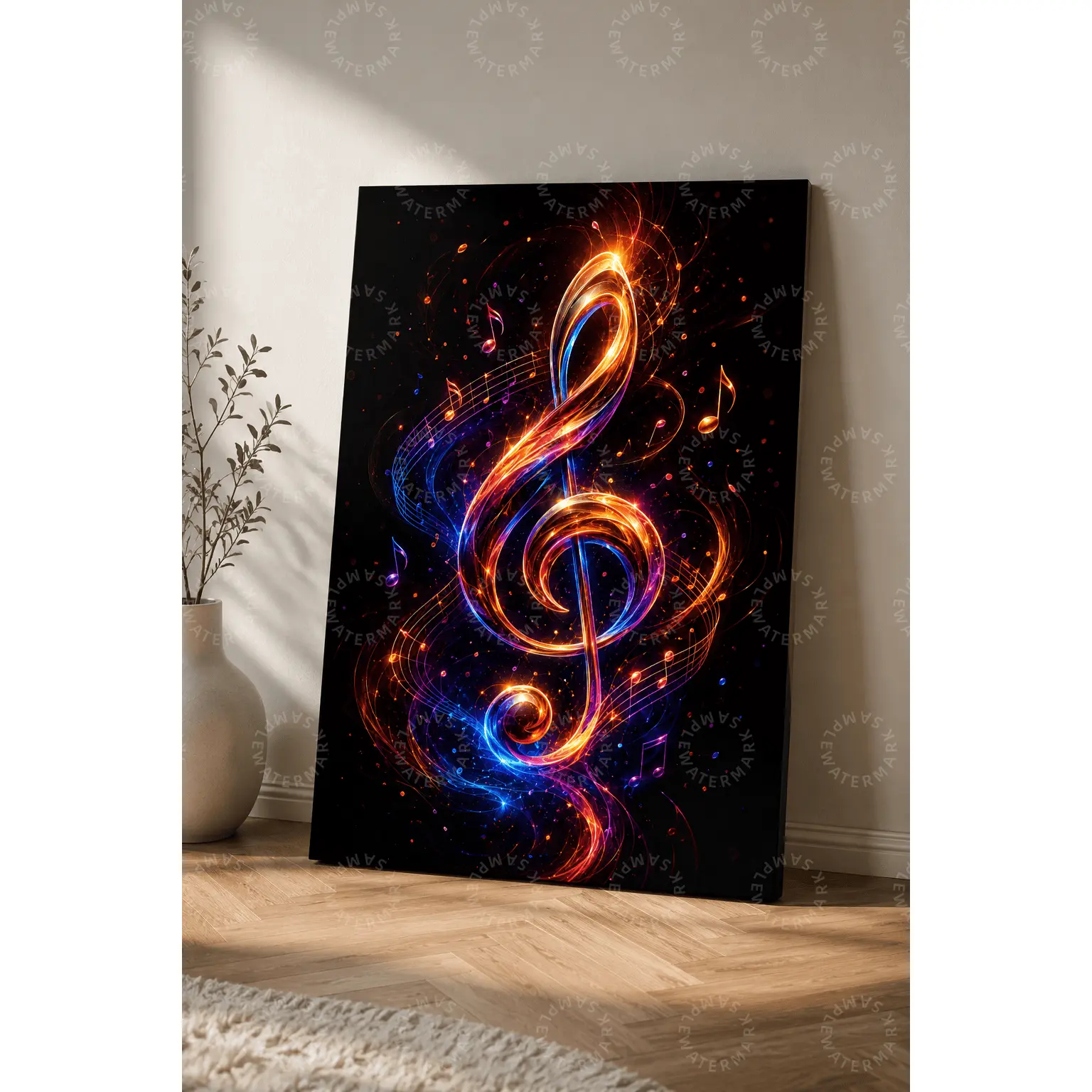 Glowing Treble Clef Canvas Poster, Neon Music Notes Wall Art, Black Orange Blue Aesthetic Print, Music Room Decor, Bedroom Wall Art, Living Room Decor, Office Wall Art, Gift for Music Lovers