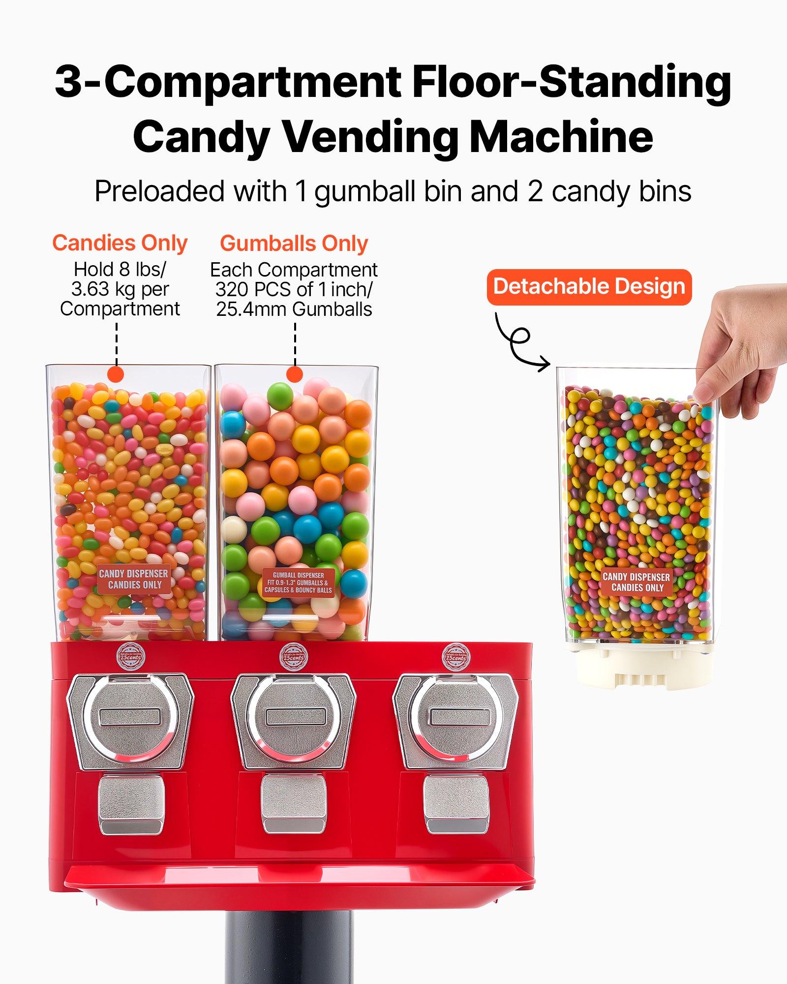 VEVOR Candy Vending Machine, Triple Compartment Candy Vending Machine with Stand, Gumball & Candies Vendings Machines with Built-In Cash Box, Detachable, Vintage Candies Dispenser for Shops, Arcades