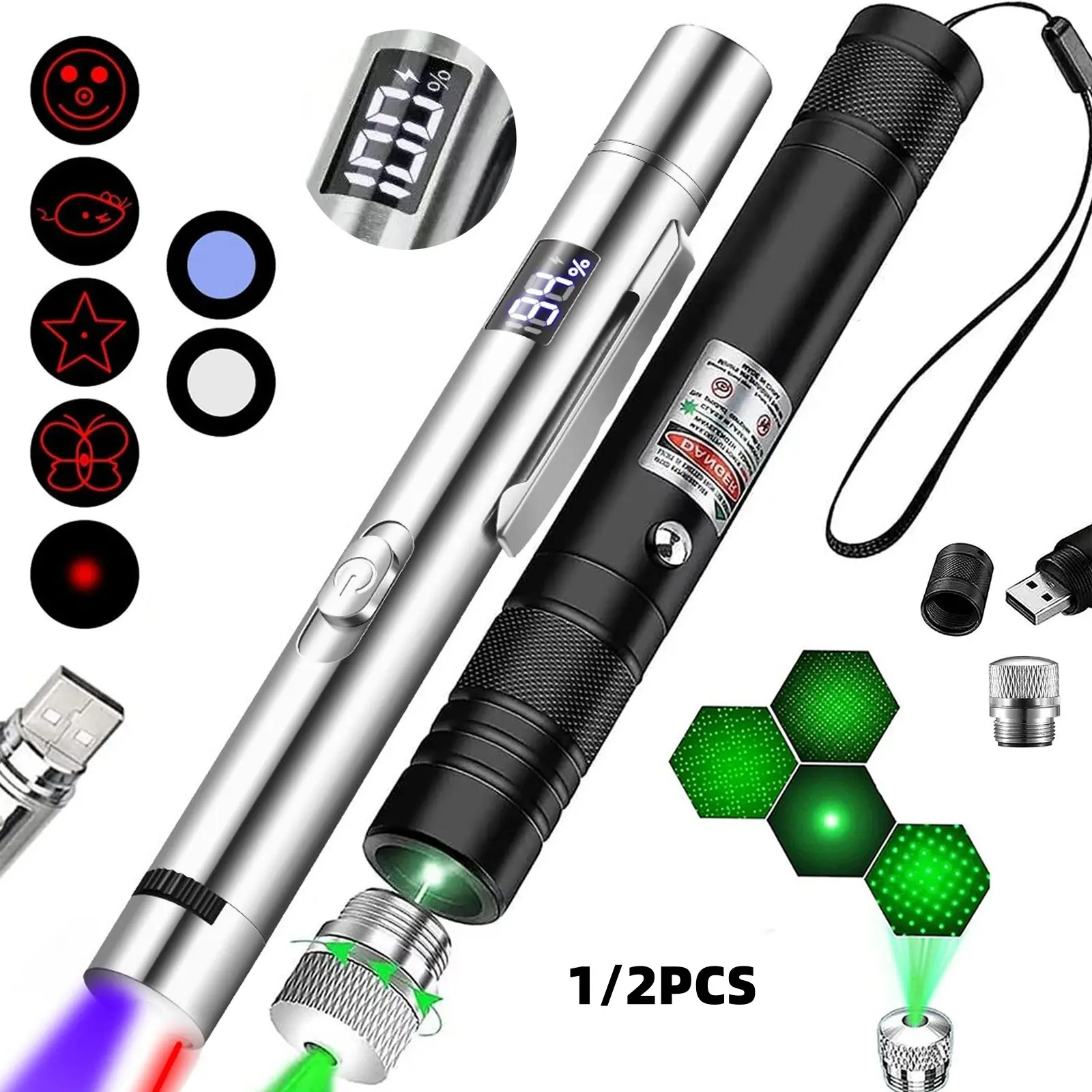 USB Rechargeable Pet Laser Toy Set, Silver Color Digital Pointer, 5 Adjustable Modes, Training & Play for Cats & Dogs