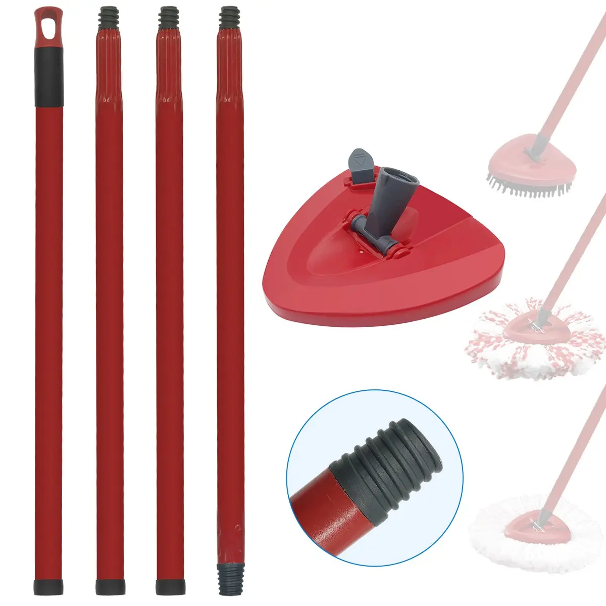 61.8" Spin Mop Replacement Handle and Base Set, 4-Section 32.7" to 61.8" Extension Mop Stick Pole, Mop Floor Cleaning Accessories Kit for Vileda/O-Cedar EasyWring 1-Tank Spin Mop Microfiber Head