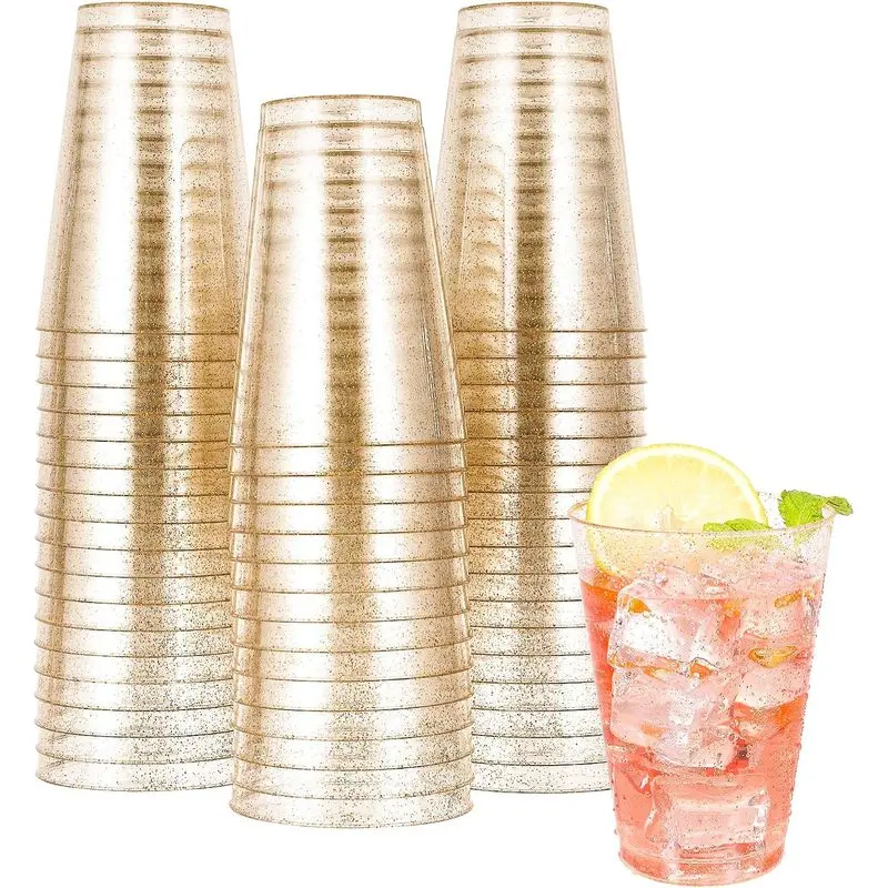 50 Pcs 14oz Gold Glitter Plastic Cups, Disposable Bedazzling Sparkle Tumblers, Luxe Gold Aesthetic Fancy Cups for Wedding Bachelorette NYE Christmas Halloween Thanksgiving Parties