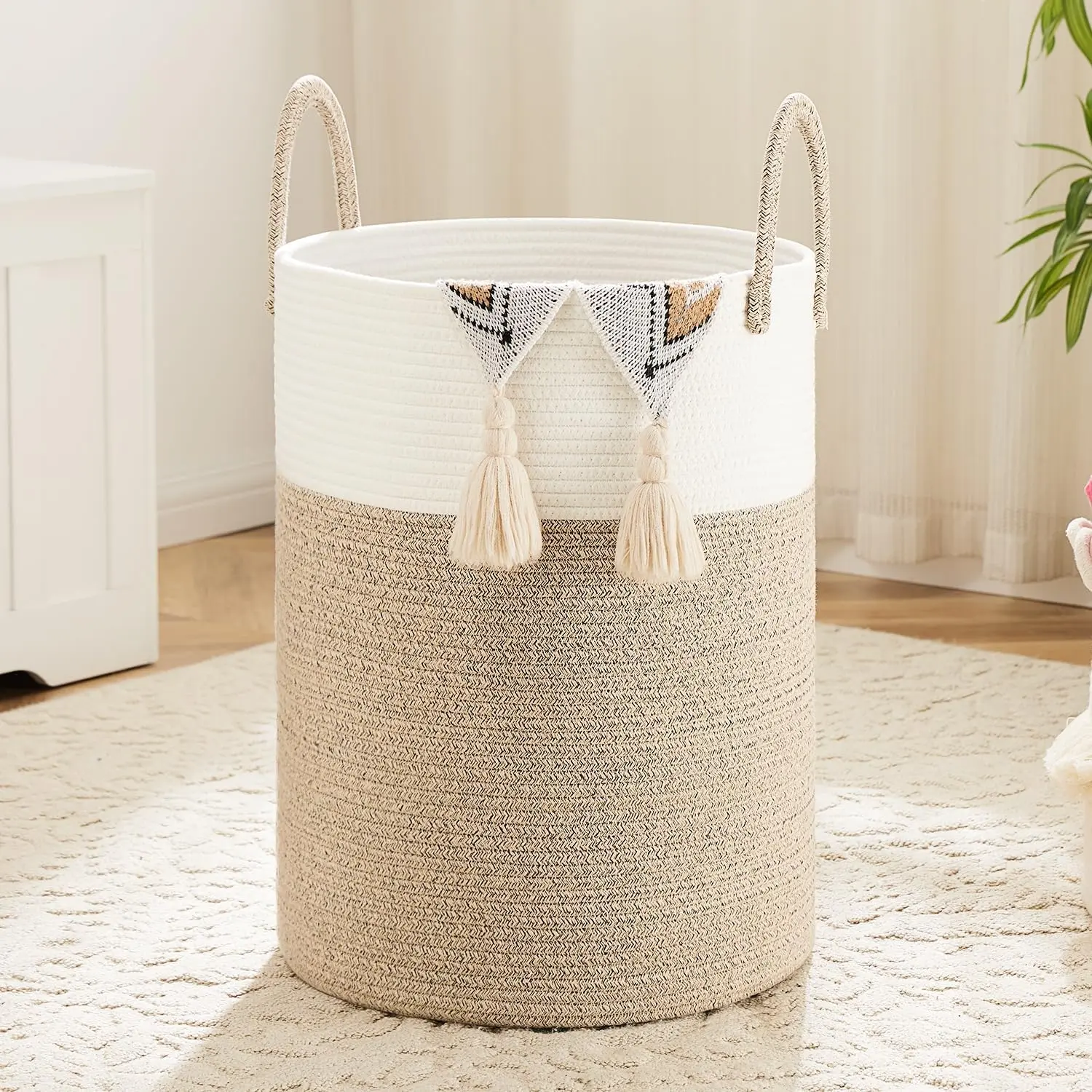 Collapsible Laundry Basket, Woven Cotton Rope Laundry Hamper, 46L/60L/ 80L/100L Laundry Bag For Decor Storage Of Dirty Clothes, Toys And Blankets In Bathroom, Baby Room And Living Room summerwins