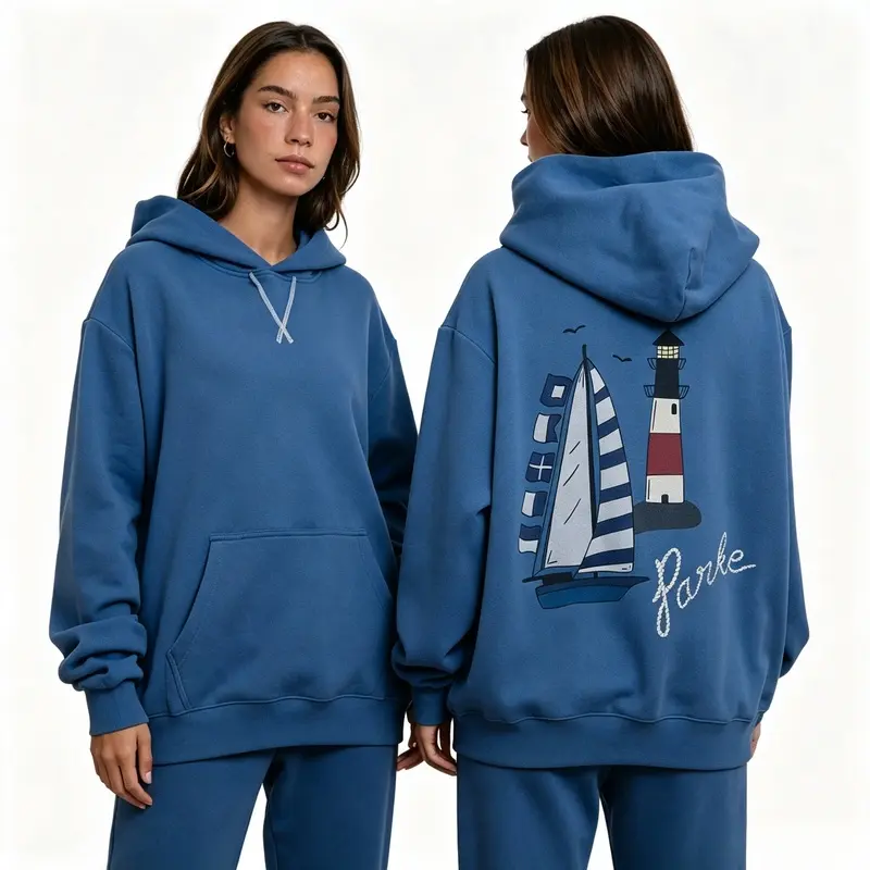 Autumn/Winter New Arrival: PARKE Classic Letter Sailboat Lighthouse Print Loose Cotton Hooded Sweatshirt