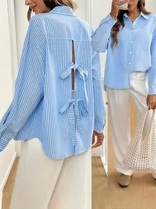 Women's Striped Button Down Shirt Loose Oversized Collared Neck Backless Double Tie Back Design Chest Pocket Curved Hem Casual Blouse Top Trendy Streetwear Perfect for Daily Wear