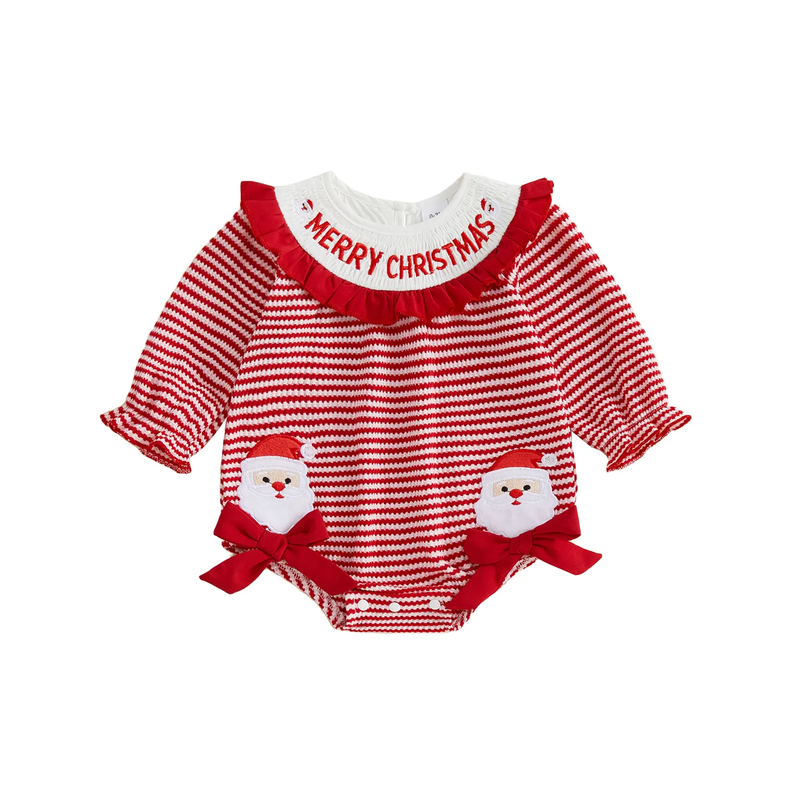 Babamoon Newborn Infant Baby Girls Christmas Romper Long Sleeve Stripes Santa Claus/Tree Onesie Smocked Bodysuit 0-18M