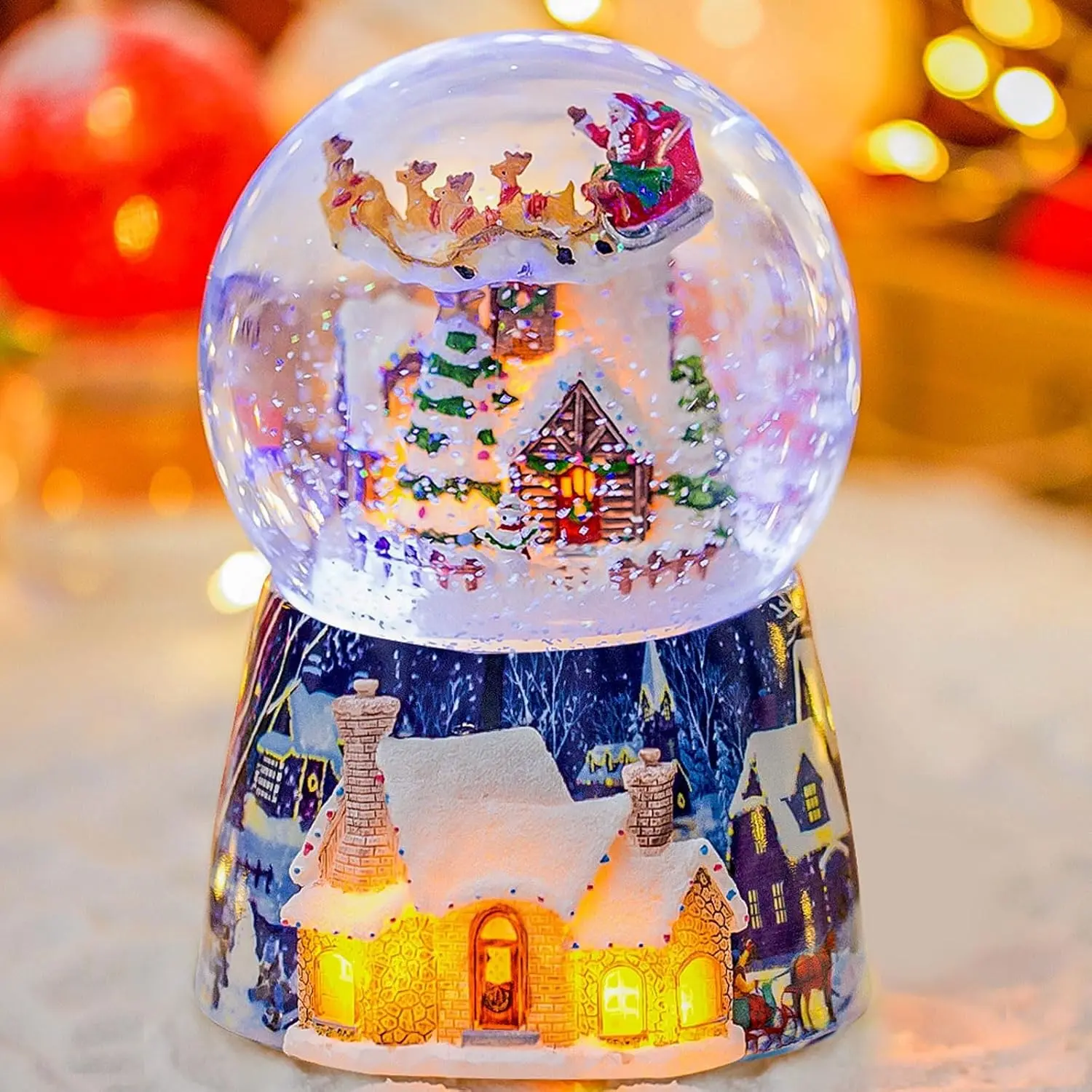 Christmas Music Box Snow Globe Gift, Musical Rotating Santa Claus Flying Over Village Glitter,Gift for Girls Wife Girlfriend Daughter Son Granddaughter, Xmas Present Plays 14 Christmas Songs