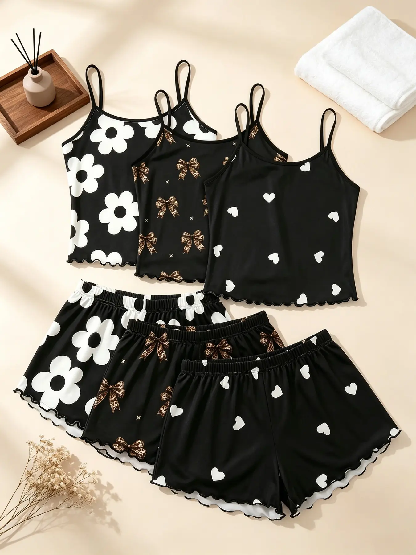 Women's Sleepwear & Loungewear 6 Pack Value Matching Set Daisy, Flower, Leopard, Floral Print Summer Spaghetti Strap Ruffle Lettuce Hem Contrast Trim Soft Stretch Lightweight Sleeveless Cami Top Short Pants Casual Two Piece Outfit Home Daily Wear