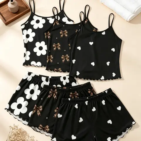 Women's Sleepwear & Loungewear 6 Pack Multipack Value Matching Set Daisy Flower Leopard Bow Heart Print Summer Spaghetti Strap Ruffle Lettuce Hem Contrast Trim Soft Stretch Lightweight Sleeveless Cami Top Short Pants Casual Two Piece Outfit Home Daily Wea