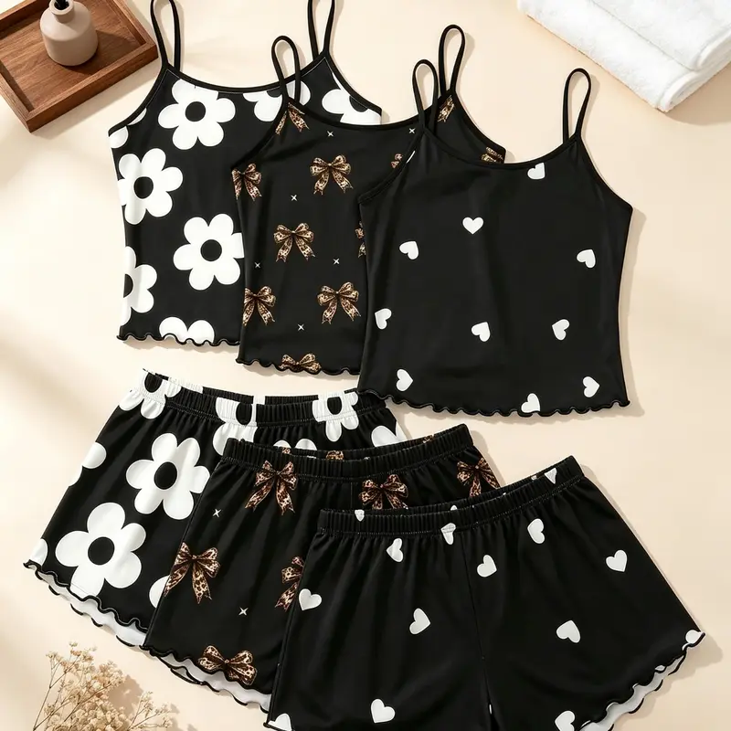 Women's Sleepwear & Loungewear 6 Pack Multipack Value Matching Set Daisy Flower Leopard Bow Heart Print Summer Spaghetti Strap Ruffle Lettuce Hem Contrast Trim Soft Stretch Lightweight Sleeveless Cami Top Short Pants Casual Two Piece Outfit Home Daily Wea