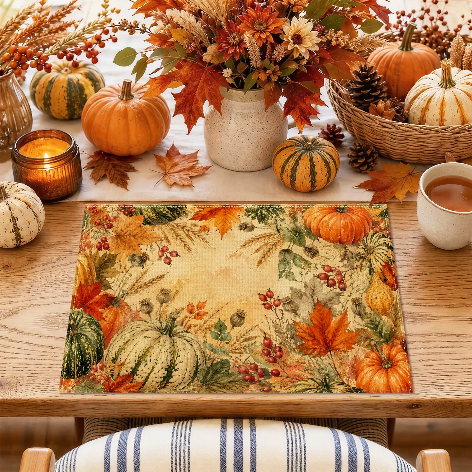 4/6pcs Pumpkin Maple Leaf & Berry Placemats, Rustic Harvest Style for Dining Table, Kitchen, Fall Gathering & Home Decor, Fall Gifts, Seasonal Decoration