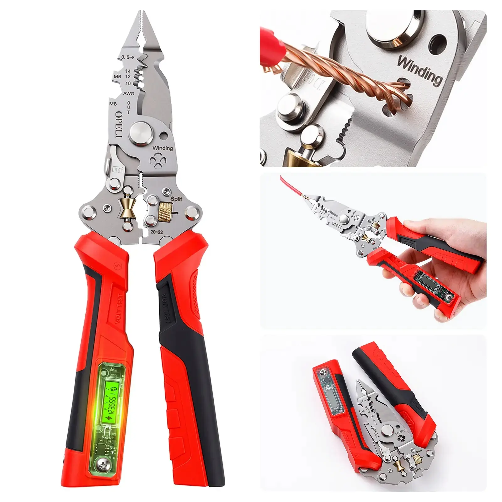 16-in-1 Wire Stripper Twister Pliers, Built-in Voltage Tester, Wire Cutting & Pulling, Cable Scissors, 12V-250V AC/DC, Live/Null Wire Judgment, Audible & Flashing LED Alarms