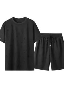 Men's Sporty Casual Fashion Set, Ripped Design, Elastic Waist Drawstring, Short Sleeve Shorts Set, Loose-Fitting, Plain Pattern