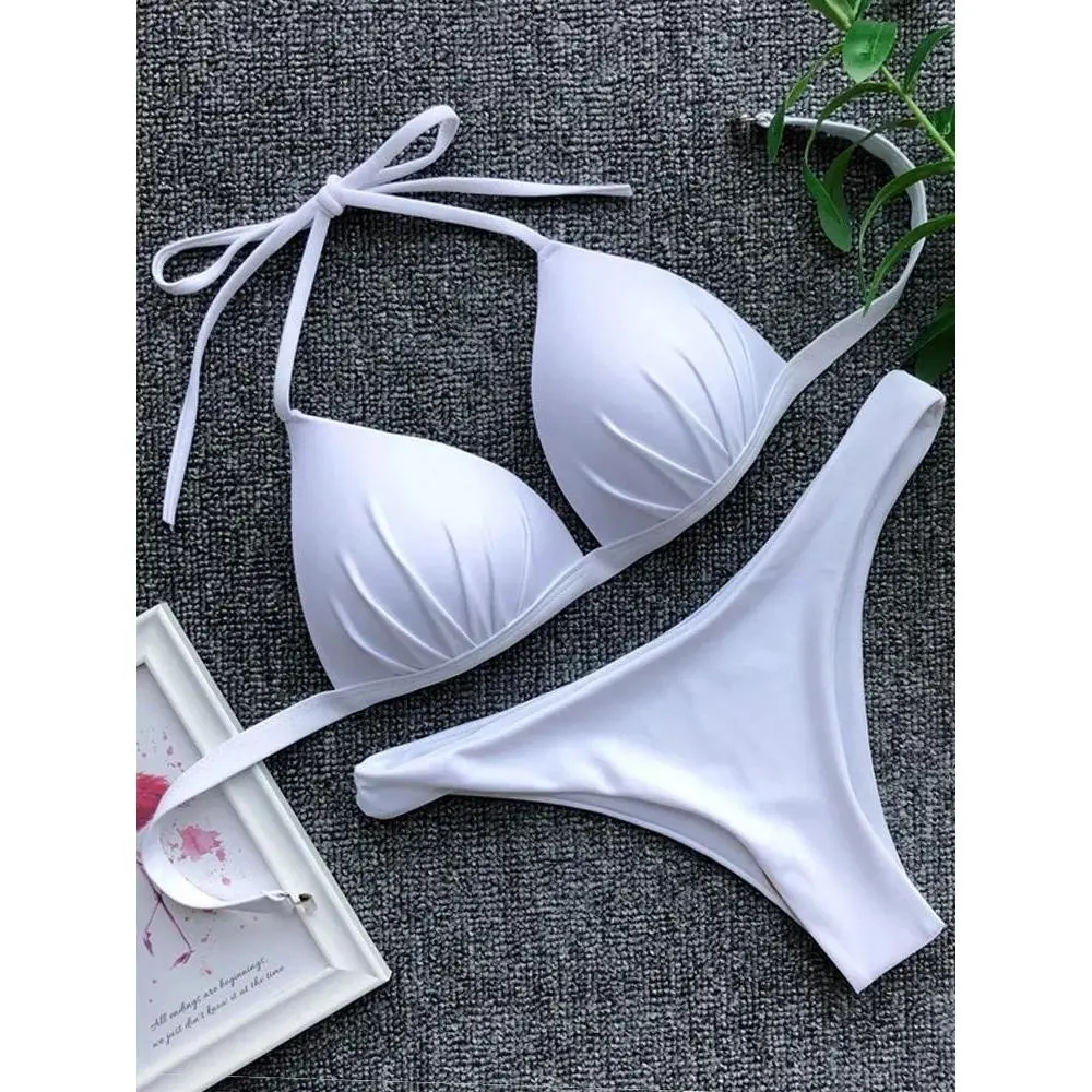 Women's 2025 Push-Up Halter Cup Bikini Set - Brazilian Cut, White Rose Print, Standard Sizes, Beach Wear, Sports & Outdoor Swimwear, Push-Up Bikini