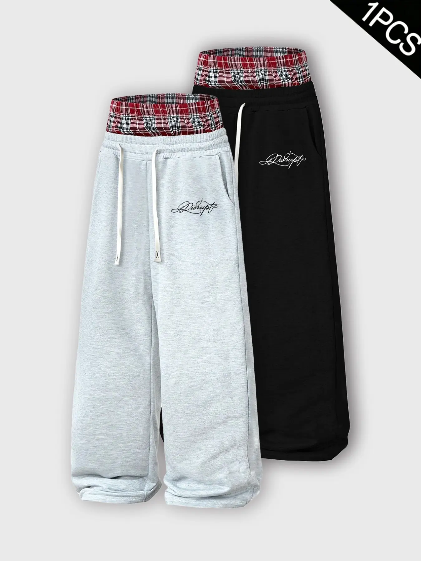 Men's Y2K Vintage Wide-Leg Sweatpants, Contrast Red Plaid Double Waistband Loose Skate Joggers, Handwritten Print Logo, White Drawstring, Soft Terry Cotton Straight-Leg Athletic Trousers with Side Pockets, Teen Campus Skate Hip-Hop Outfits for Spring, Aut