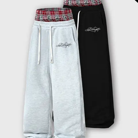 Men's Y2K Vintage Wide-Leg Sweatpants, Waistband Contrast Red Plaid Loose Joggers, Handwritten Print Logo, White Drawstring, Soft Terry Cotton Athletic Trousers with Side Pockets, Athleisure Casual Bottoms, Casual Streetwear Pants for Spring and Autumn
