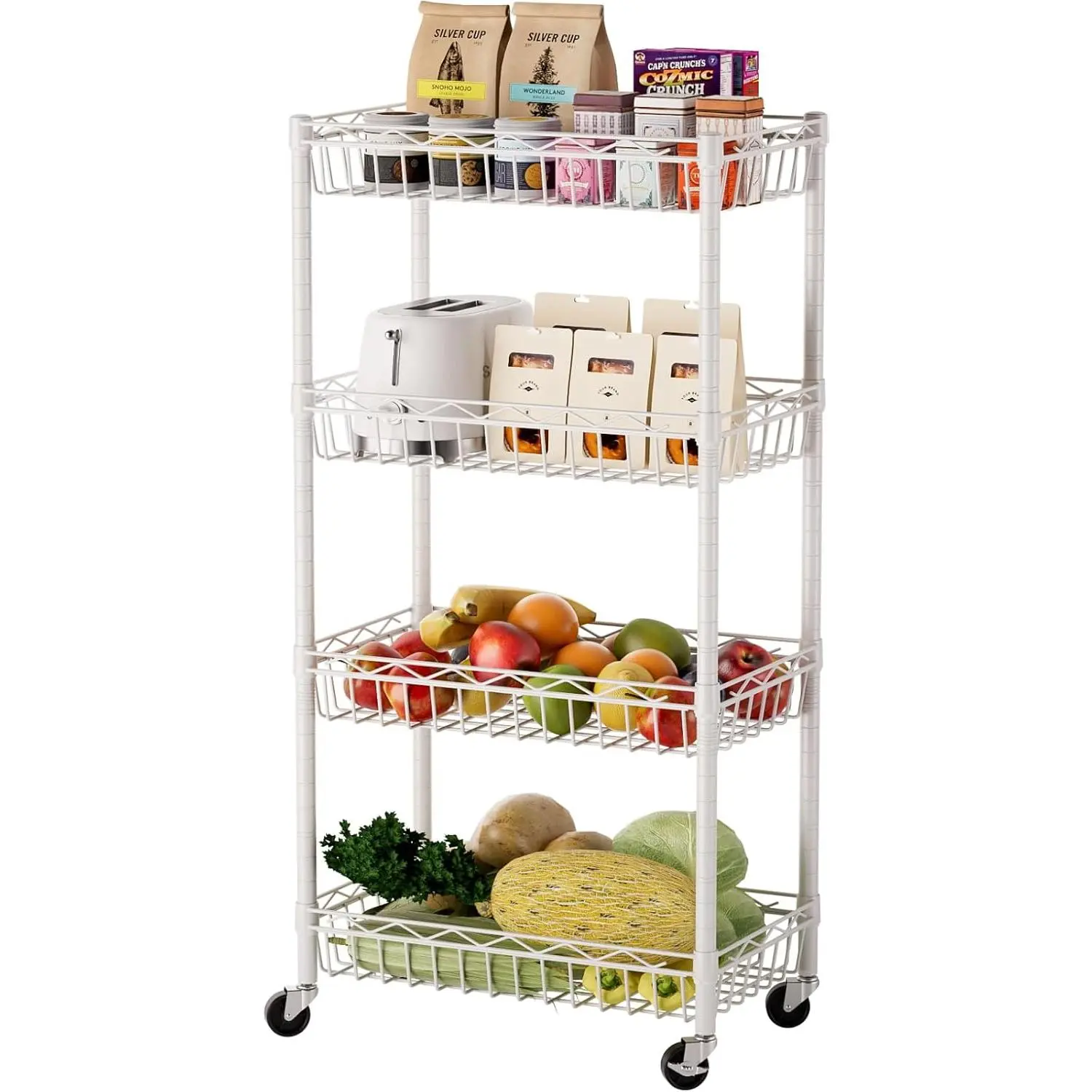 4 Tier Basket Shelf Wire Shelving Unit Adjustable Storage Shelves Big Basket Rack for Garage Kitchen Office Pantry Corner 17" Dx12 Wx50 H White