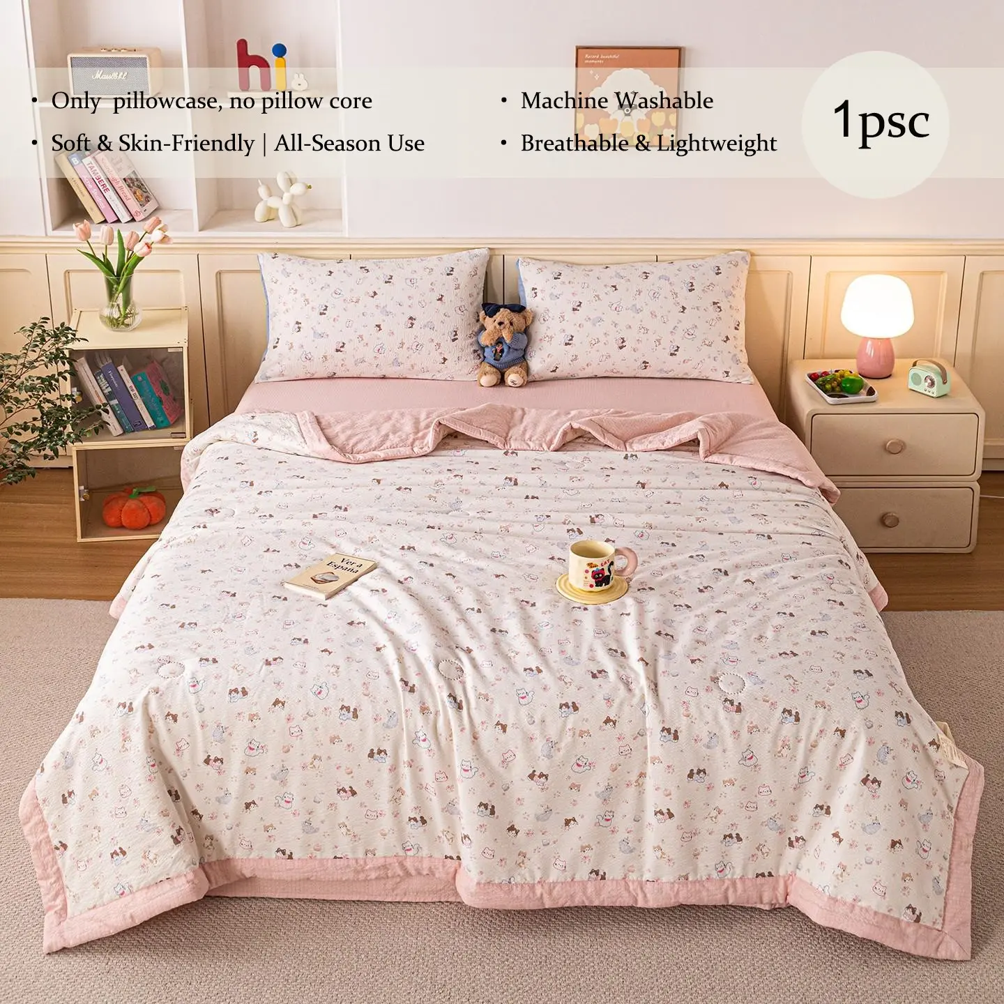 Cloud Feel Double Layer Crinkle Gauze Summer Quilt, Cute Animal Fair Isle Stripe Printed Breathable Skin Friendly Cooling Blanket, Soft Washable Air Conditioning Comforter For Bedroom Guest Room All Season Use (Only summer quilt included, no pillowcases)