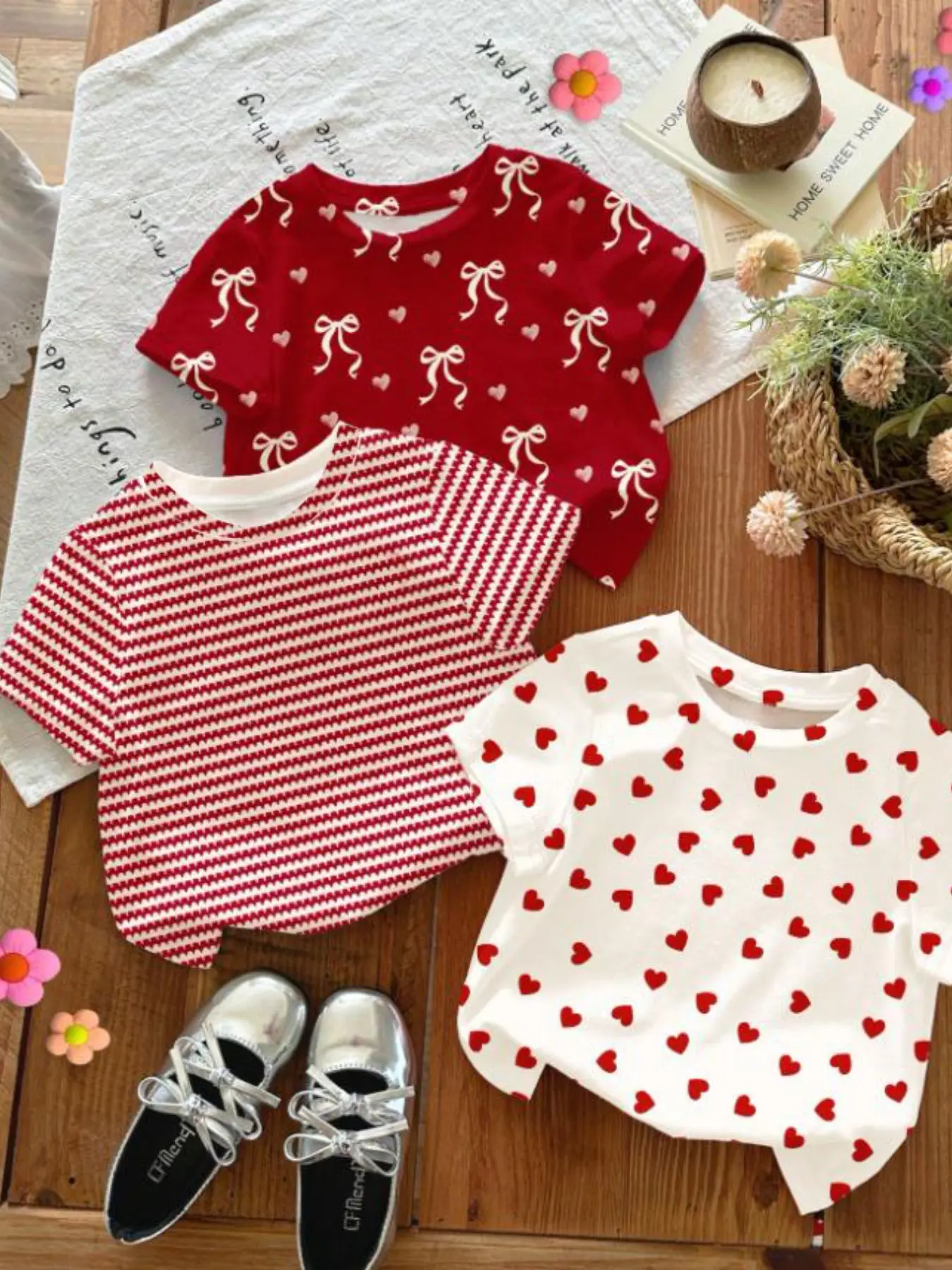 Girls' 3-Piece Short Sleeve T-Shirts Set, Summer Soft Breathable Fabric, Round Neck, Cute Bow and Heart Print, Stripes, Baby Girls Clothing