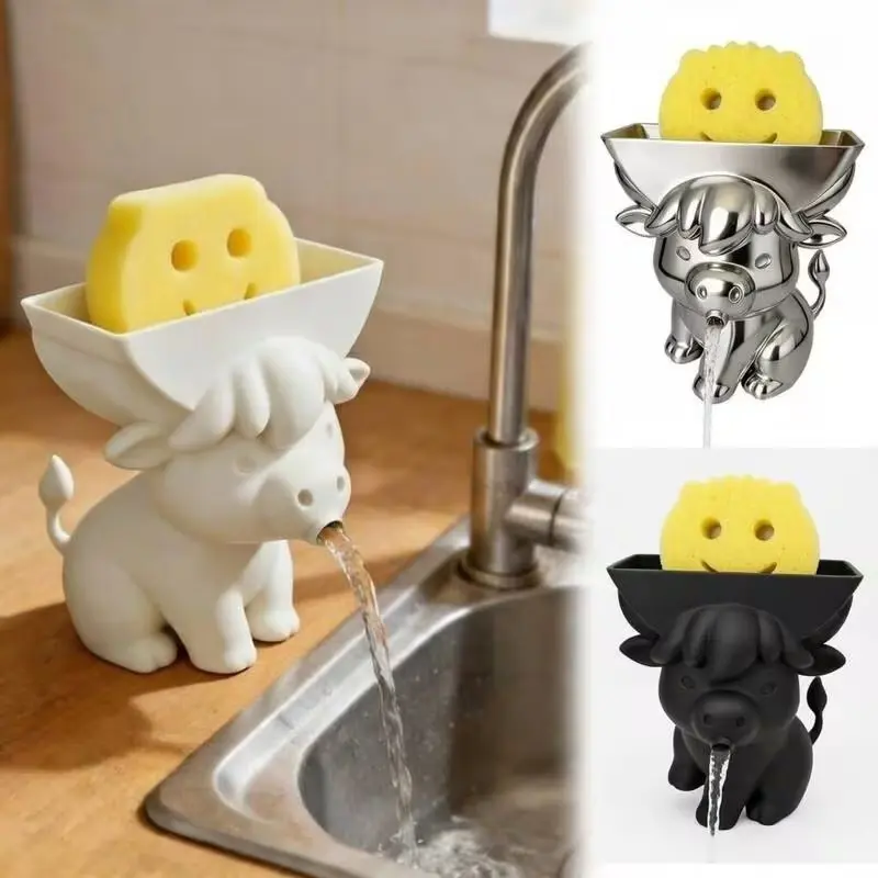 Cute Bull Theme Sponge Holder, Abstract Kitchen Sink Rack, Water Drainage Design, Bathroom Counter Decor, No Sponge Included, Bathroom Accessory