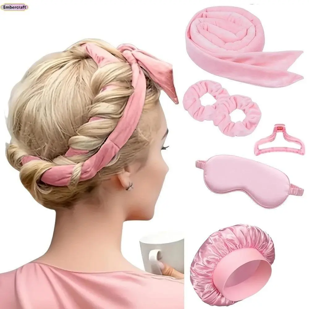 Soft Bow-Style Heatless Hair Curler Set - Damage-Free Overnight Wave Maker for Heatless Curls, Beach Waves, Sleeping Use, with Comfortable Eye Mask & Shower Cap, Curl Routine, Bouncy Curls