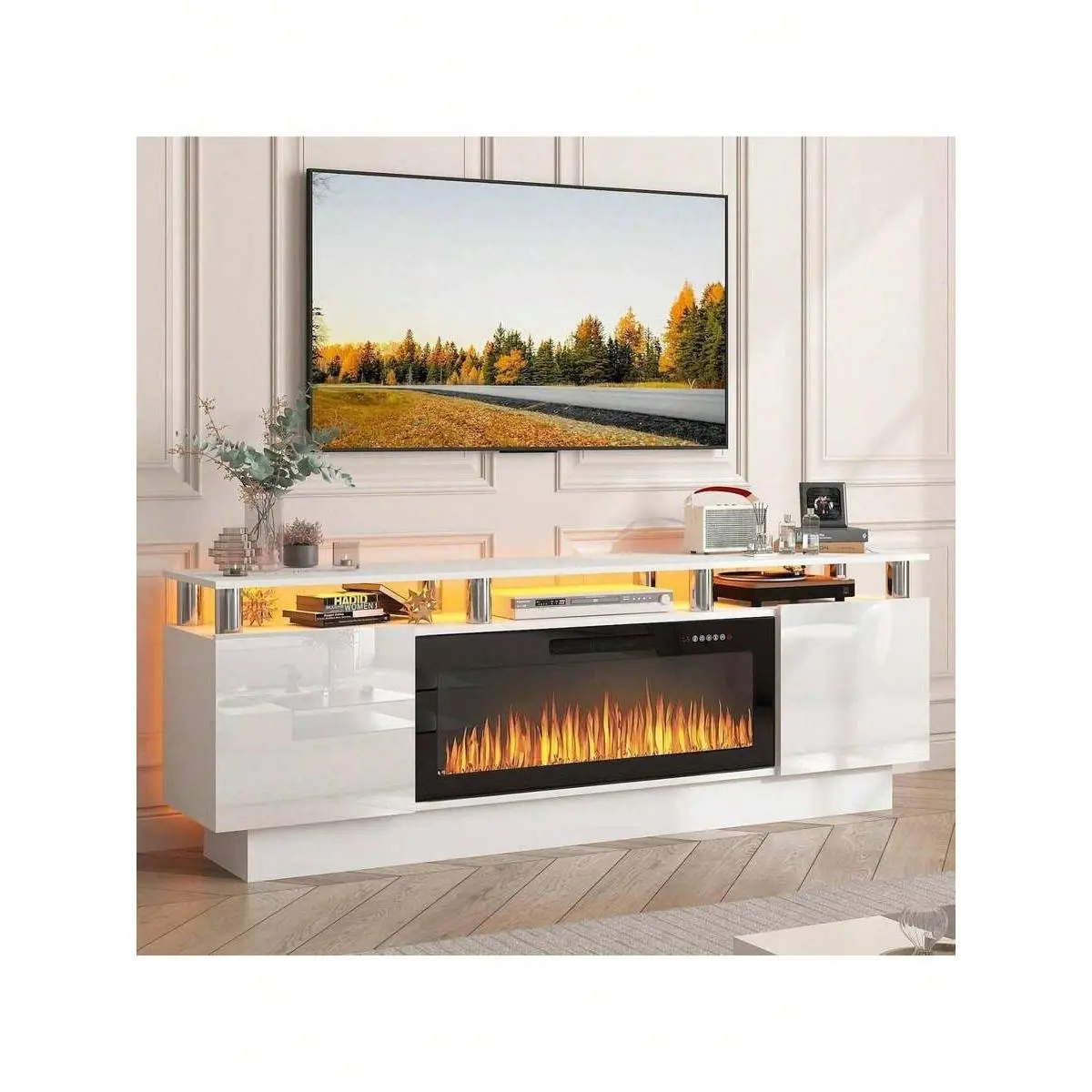 70" Modern Style TV Stand with Fireplace - Wide High-Gloss Luxury TV Stand & Multimedia Centre, 36" Electric Fireplace for 80" TVs Max, Stainless Steel Pipe Cabinet for Living Room, Wide Tv Stand