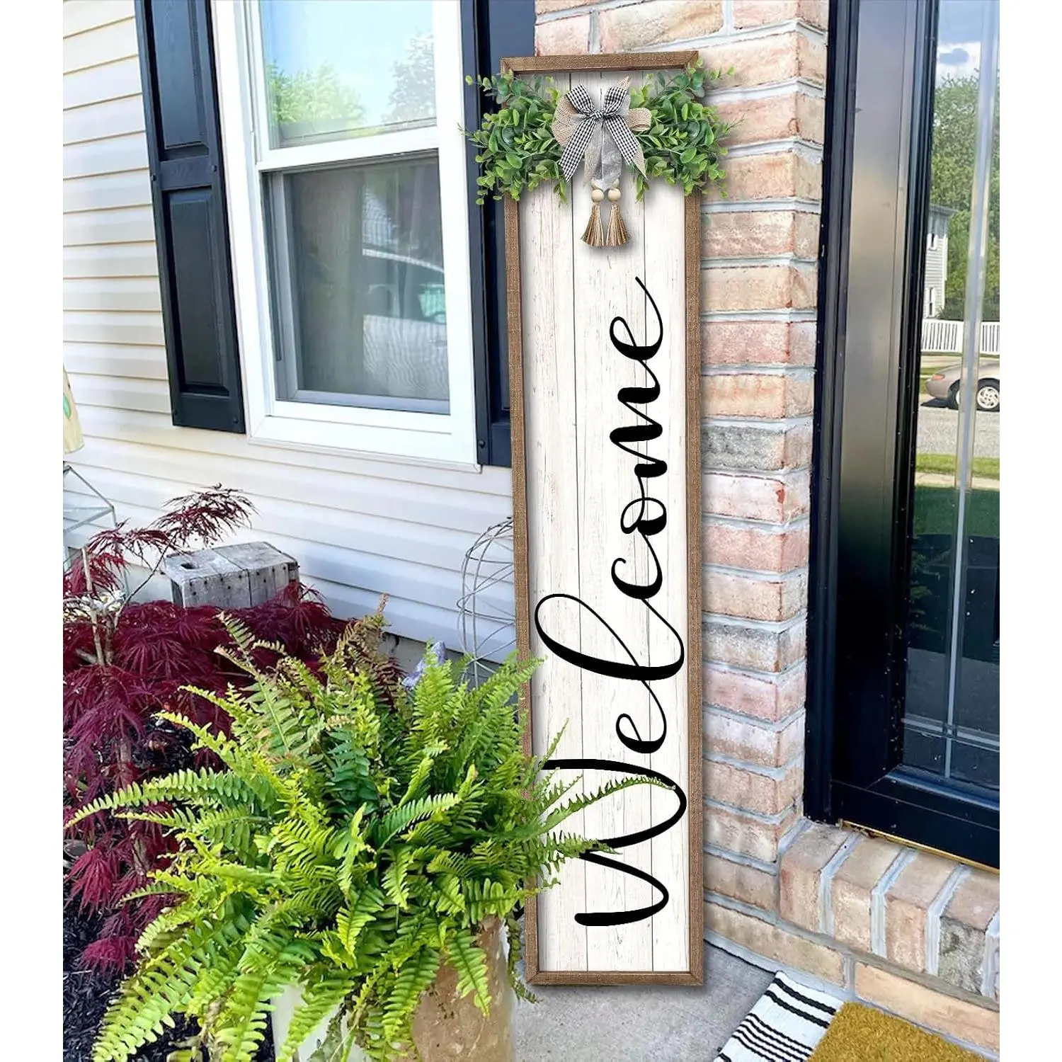 Welcome Sign for Front Porch Standing 45"X9" Large Outdoor Decor Rustic Vertical Leaner  Frame Porch Tall Welcome Signs for  Outside Front Door Decorations ( White)