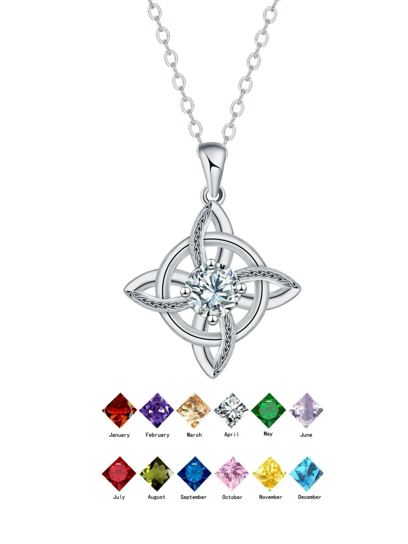 Celtic Knot Birthstone Necklace for Women, 12 Birth Month Colors, Silver Tone Pendant, Birthday Mother’s Day Christmas Gift for Mom, Wife, Girlfriend