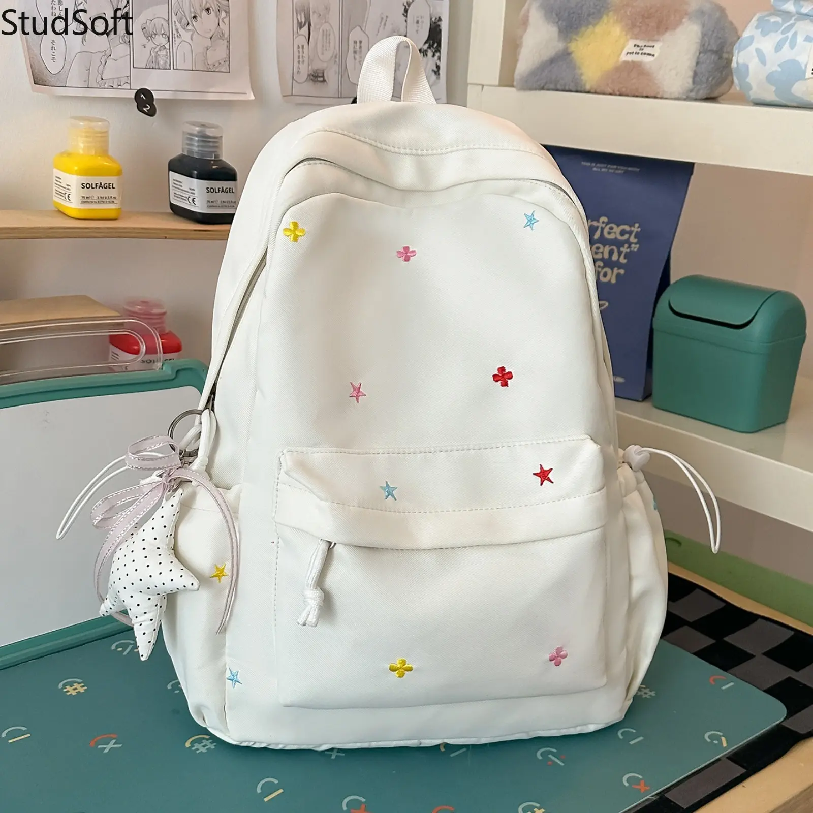 Cute Off White Backpack Back to School Season Gift Minimalist Embroidered Star School Bag with Keychain Large Capacity Bookbag for Teen Girls Student