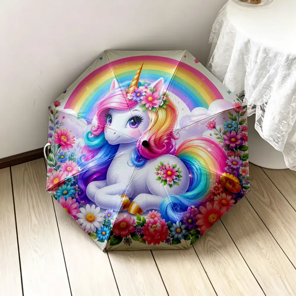 1PC Rainbow Unicorn 2D flat printed folding umbrella, with optional internal or external printing, featuring colorful floral butterfly patterns, ideal for daily use, travel, camping, hiking and various outdoor activities