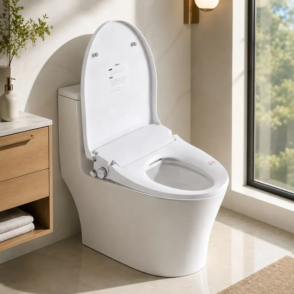 ARCH Smart Bidet Toilet Seat with Auto Open/Close Radar Sensor, Heated Seat, Adjustable Water Temperature & Pressure, Self-Cleaning Nozzle, Night Light, Remote Control, Side Knob, Instant Heating, White Plastic, Elongated, Modern Bathroom, 34°C
