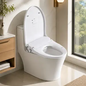 Smart Bidet Toilet Seat with Auto Open/Close Radar Sensor, Heated Seat, Adjustable Water Temperature & Pressure, Self-Cleaning Nozzle, Night Light, Remote Control, Side Knob, Instant Heating, White Plastic, Elongated, Modern Bathroom